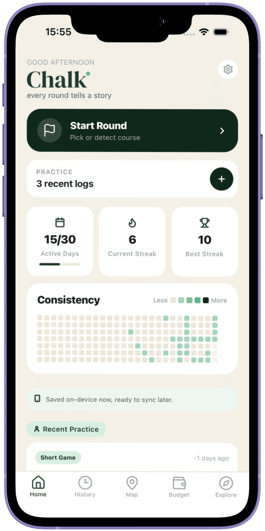 Chalk Golf home screen with round history and quick actions